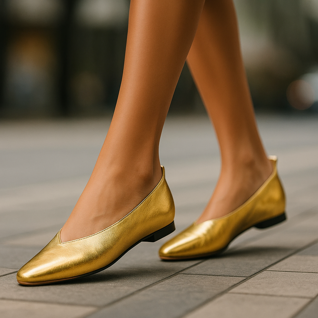 Gold shoes worn on a blurred background