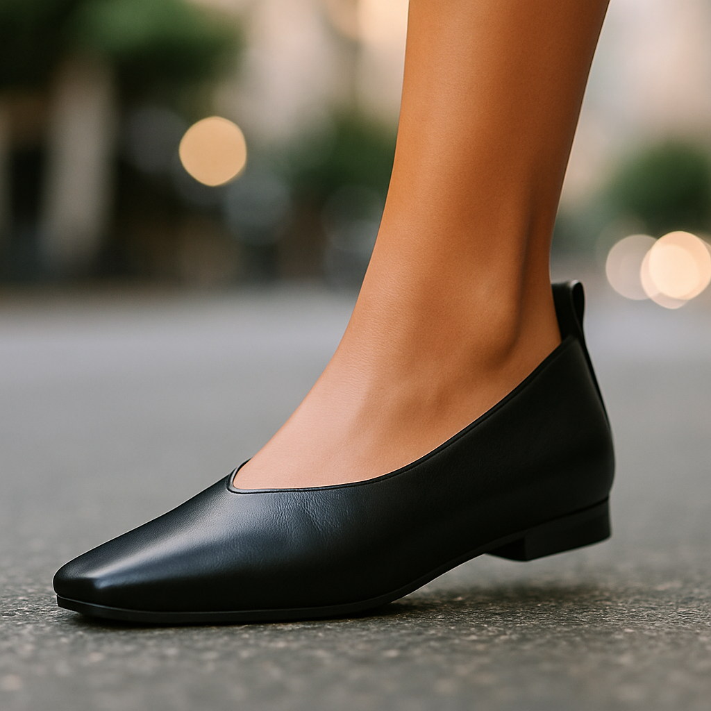 Black flat shoe worn on a blurred street background