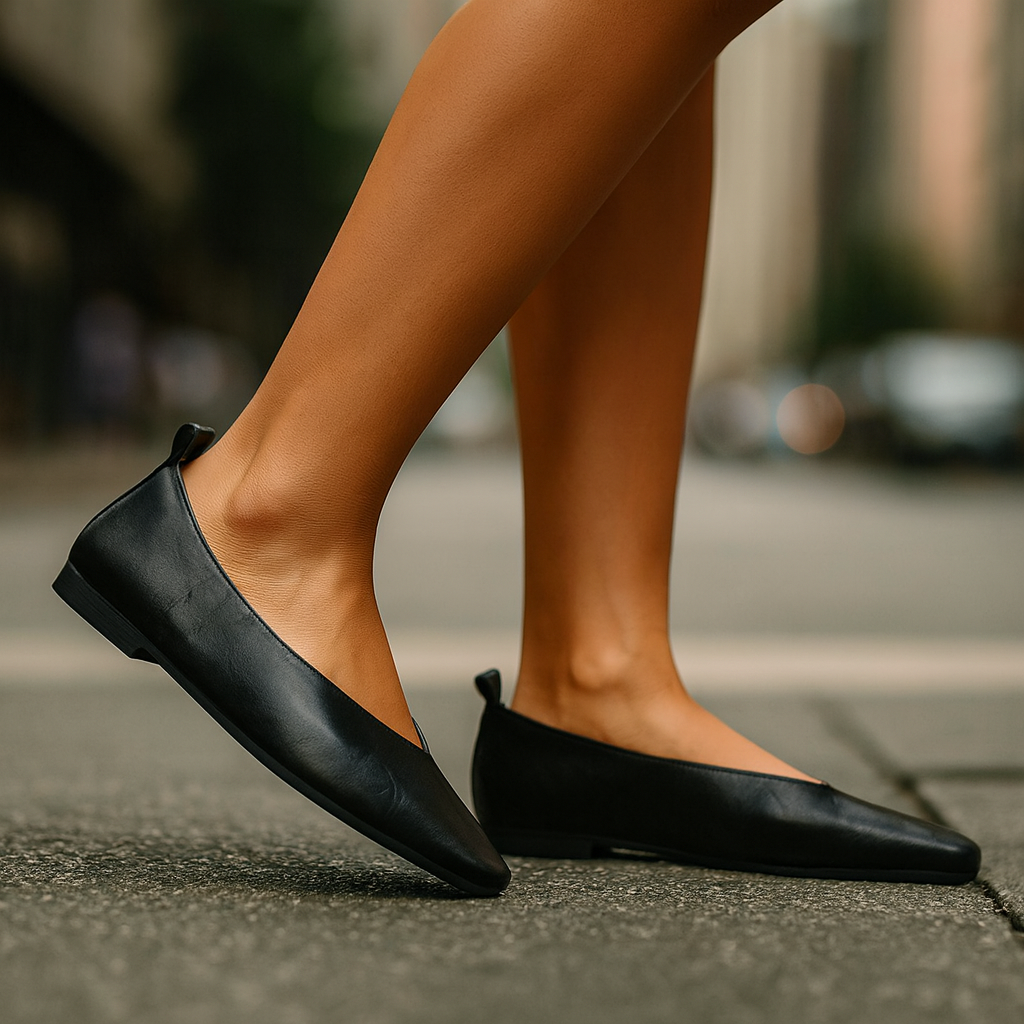 Black flat shoes worn by a person on a blurred street background